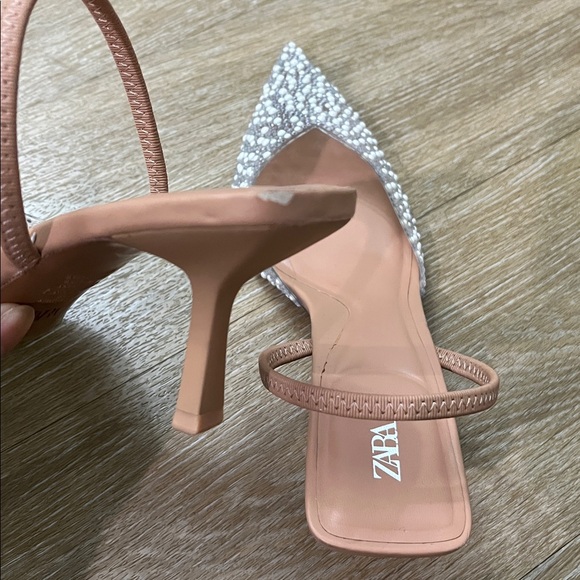 Zara Clear Pearl & Rhinestone embellished Pointed Toe Slingback Kitten heels 37 - Picture 12 of 15